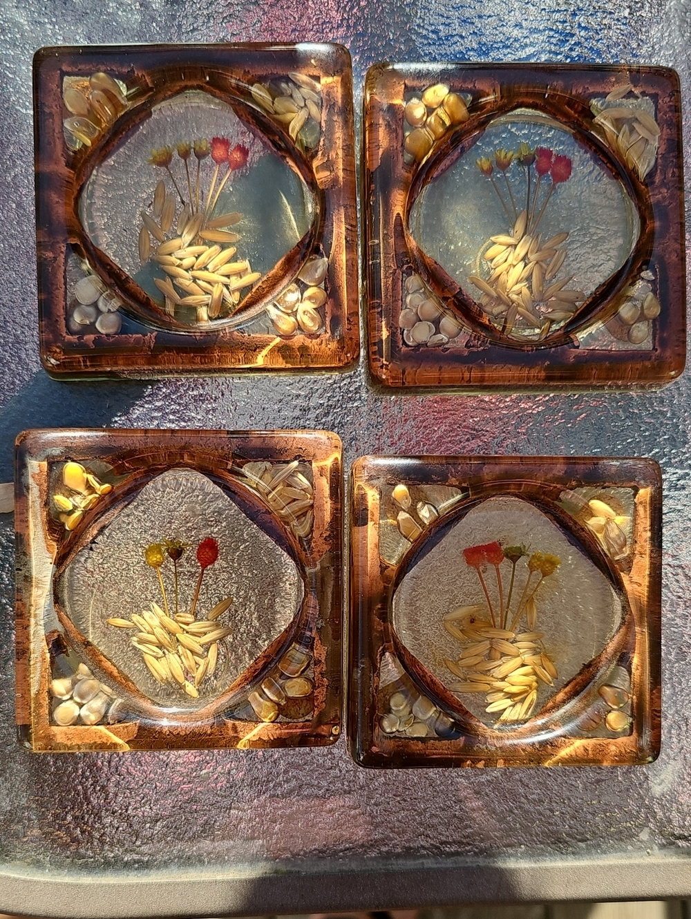 Handmade Amber-tinted Botanical Lucite Coasters - Set of 4